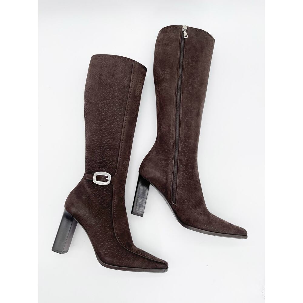 Prada Vintage Brown Embossed Nubuck Square Toe Heeled Knee High Boots IT 36.5 - Picture 6 of 14
